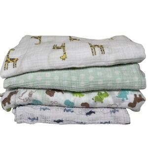 Luvable Friends Cloud Island Muslin Swaddle Blankets 4 Giraffe Dinosaur Planes